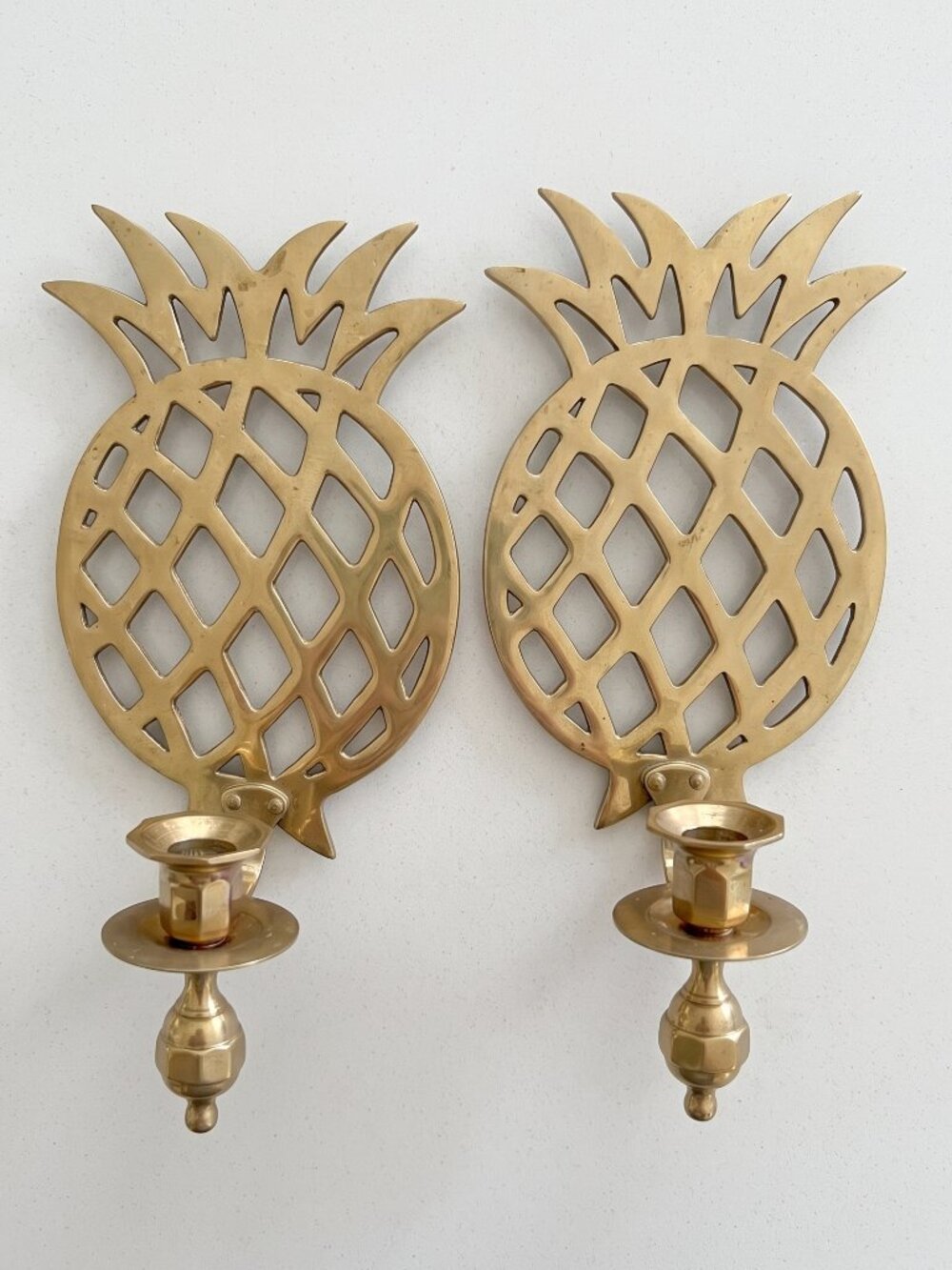 Vintage Brass Pineapple Wall Sconces Pair Taper Candlestick Holders 11.5” Decor